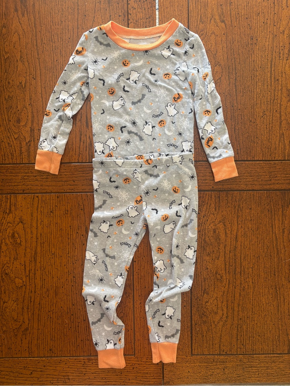 Toddler Kids Halloween Pajama Set - Gray & Orange- Pumpkin, Bat, Ghost- 3T